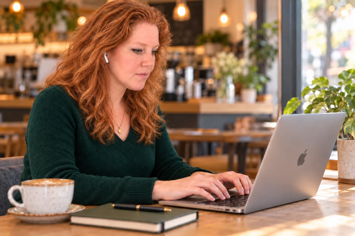 Sarah Reymond travaillant sur son ordinateur dans un café